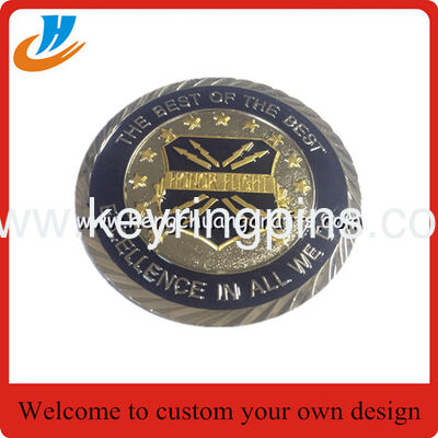 Durable zinc alloy challenge coins with custom artwork options including AI CDR PDF JPG files and multiple plating colors