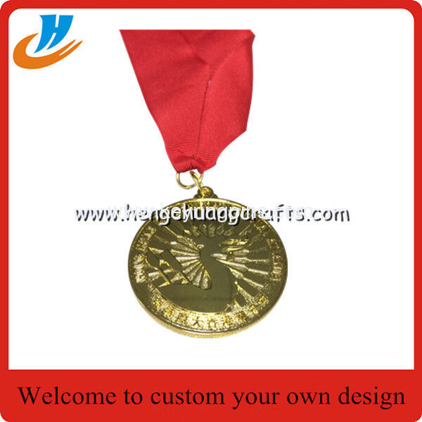 Carved metal medallions with Nylon ribbon,gold metal medal die casting with filled color