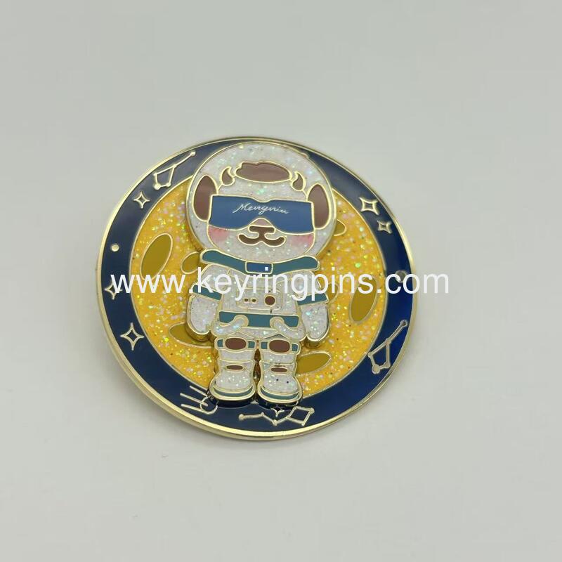 Astronaut Puppy in Space Glitter Enamel Pin, Kawaii Dog Space Travel Collectible Lapel Pin