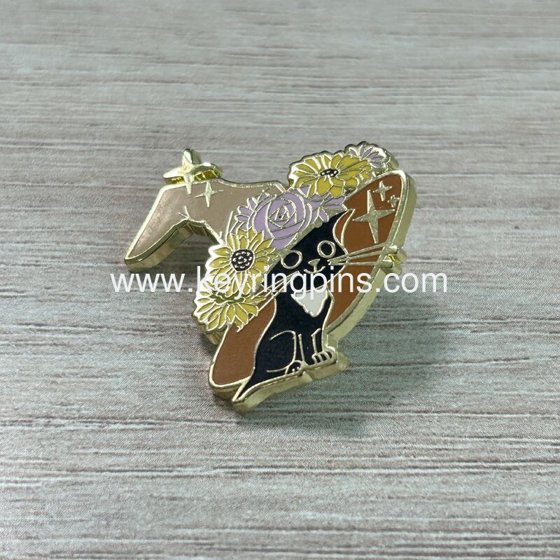 Black Cat with Flowers Enamel Pin, Cute Cat & Sunflower Lapel Pin, Kawaii Cat Lover Collectible Badge