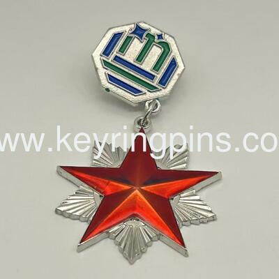 Good price Silver-Toned Red Star Enamel Medal with Radiant Starburst Base and Octagonal National Emblem Suspension online